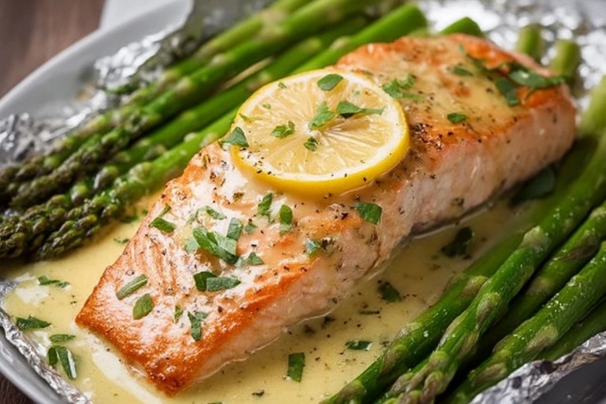 Saumon cuit au four dans du papier d'aluminium avec des asperges et une sauce au beurre à l'ail et au citron