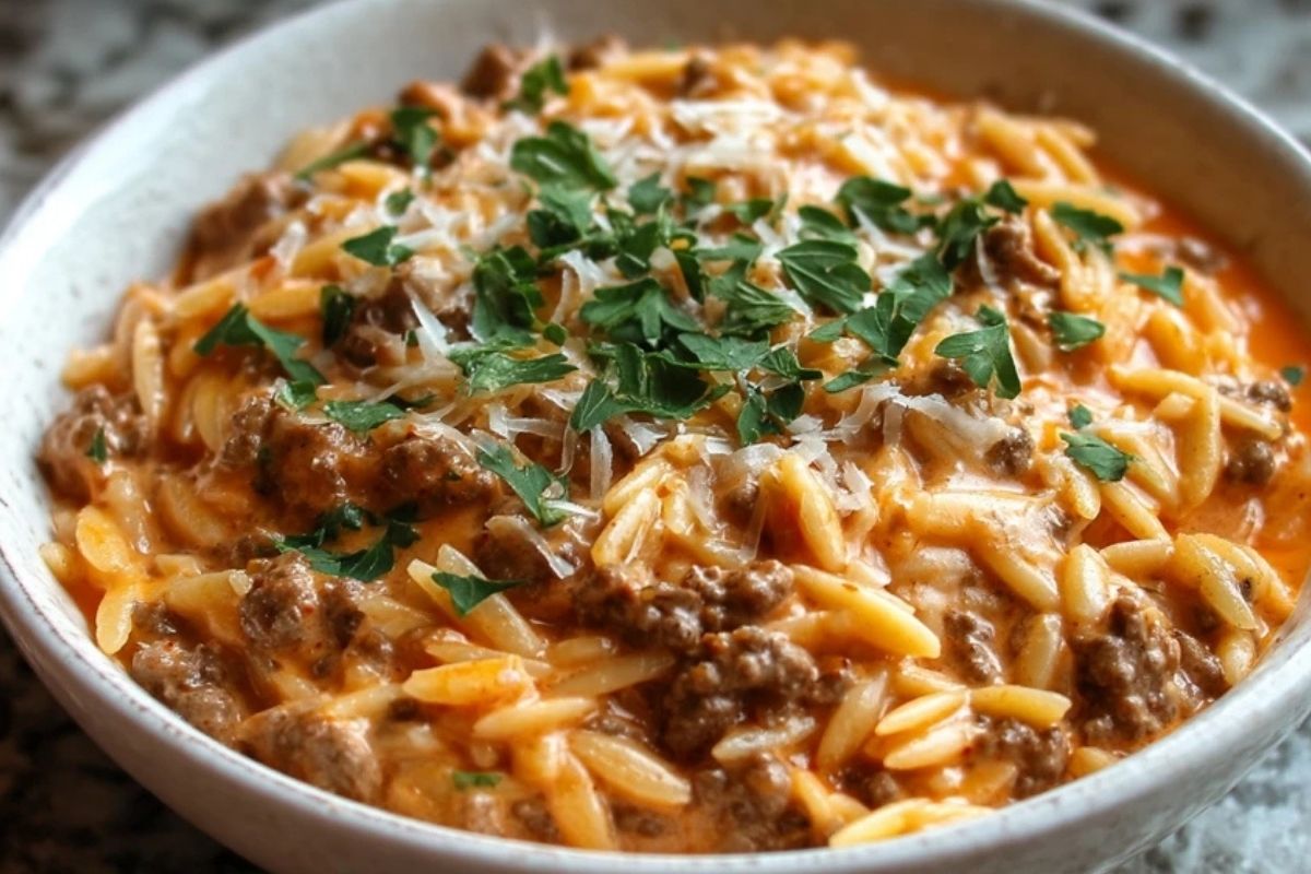 Bœuf Haché Orzo à la Sauce Crème de Tomate