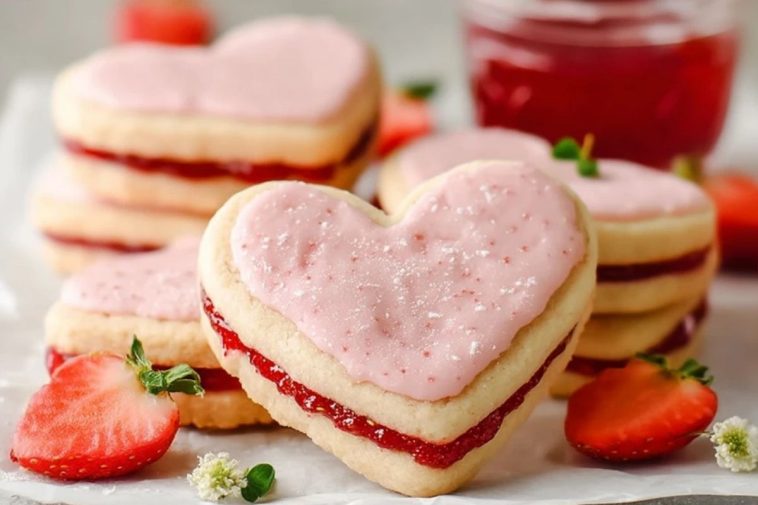 Biscuits Sablés En Forme De Cœur Garnis De Confiture De Fraises