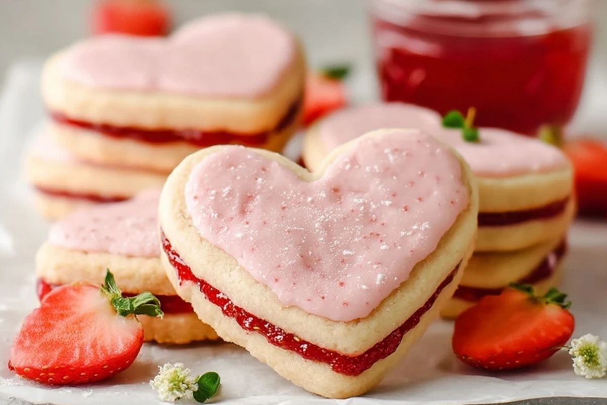 Biscuits Sablés En Forme De Cœur Garnis De Confiture De Fraises