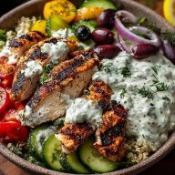 Bols De Poulet Grec Avec Sauce Crémeuse Au Tahini Et Feta