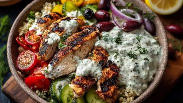 Bols De Poulet Grec Avec Sauce Crémeuse Au Tahini Et Feta