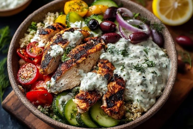 Bols De Poulet Grec Avec Sauce Crémeuse Au Tahini Et Feta