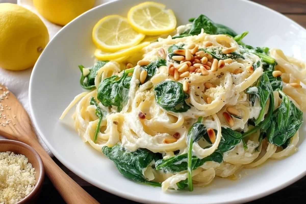 Pâtes à la Ricotta Citronnée avec Épinards et Pignons Torréfiés