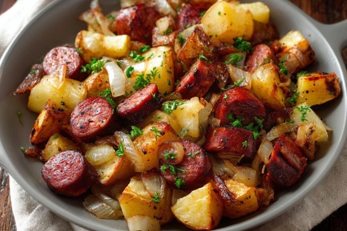 Pommes De Terre Sautées, Oignons Et Saucisse Polonaise Fumée