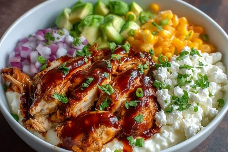 Bol De Poulet Barbecue Riche En Protéines Avec Fromage Cottage